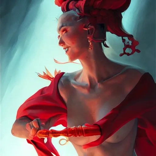 Prompt: a beautiful artwork of a scarlet sorceress performing magic, by jesper ejsing, featured on art station, lighting study, concept art, beautiful composition, rim light