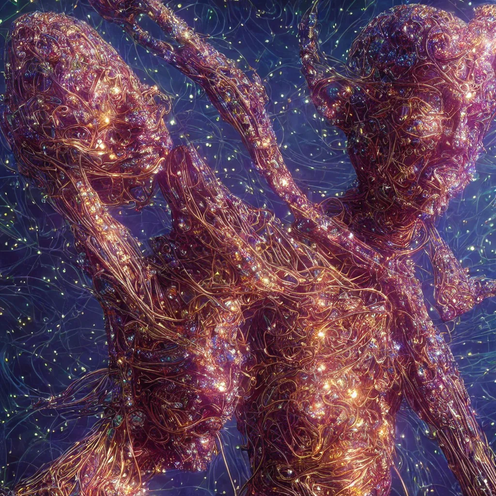 Image similar to extremely detailed cinematic movie still full body shot of 2 1 years old artist hyperreal skin face golden energy strings and neural networks art - nouveau style with sparkling crystals by denis villeneuve, wayne barlowe, simon birch, marc simonetti, philippe druillet, bright volumetric sunlight, rich moody colors, bokeh