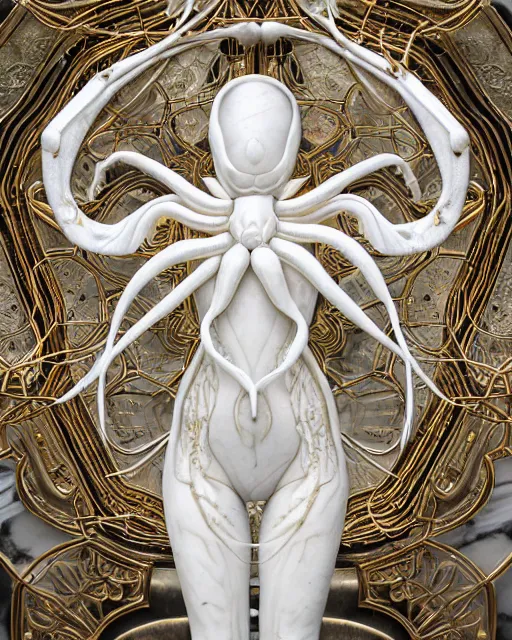 Image similar to symmetry, white marble bas relief sculpture of a white marble crab woman made of white marble crabs and spiders and scorpions, white marble with interacte gold wire inlay, art nuevo, octane, 8 k, hdr, art by hr geiger and ridley scott and alphonse mucha, trending on artstation