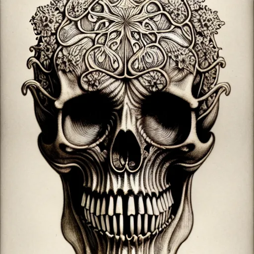 Image similar to art forms of nature by ernst haeckel, memento mori by arthur rackham, ornate antique porcelain beautiful skull mask, ultrasharp, photorealistic, hyperdetailed, octane render, polished, art nouveau, neo - gothic, gothic, intricate ornamental organic filigree, art nouveau botanicals, art forms of nature by ernst haeckel, horizontal symmetry, symbolist, visionary