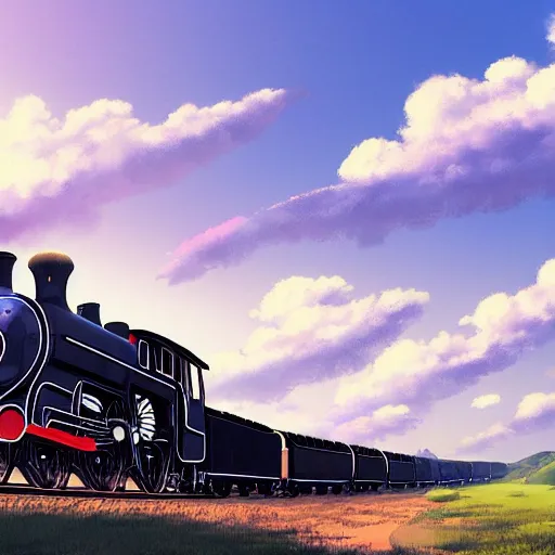 Prompt: steam train going through the countryside towards a distant city, anime, by makoto shinkai, steam train, landscape