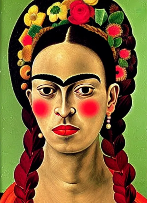 Image similar to portrait of young woman in renaissance dress and renaissance headdress, art by frida kahlo