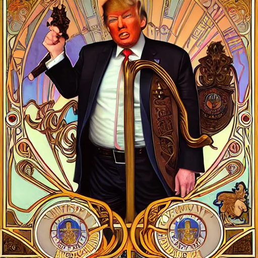 Prompt: full portrait of donald trump as mayor humdinger, fantasy, d & d, intricate, detailed, by by alphonse mucha, adolfo hohenstein, alice russell glenny, stanley artgerm lau, greg rutkowski, detailed, trending on artstation, trending on artstation, smooth