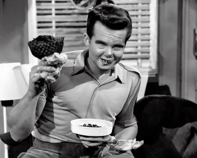 Prompt: Wally Cleaver eating a taco icecream on Leave It To Beaver, black and white television still