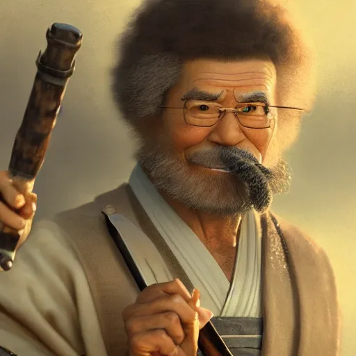 Image similar to an ultra detailed matte painting of bob ross smoking a pipe and dressed as a wandering ronin samurai, edo japan, concept art by jeong seon and greg rutkowski, octane render, 8 k, detailed face