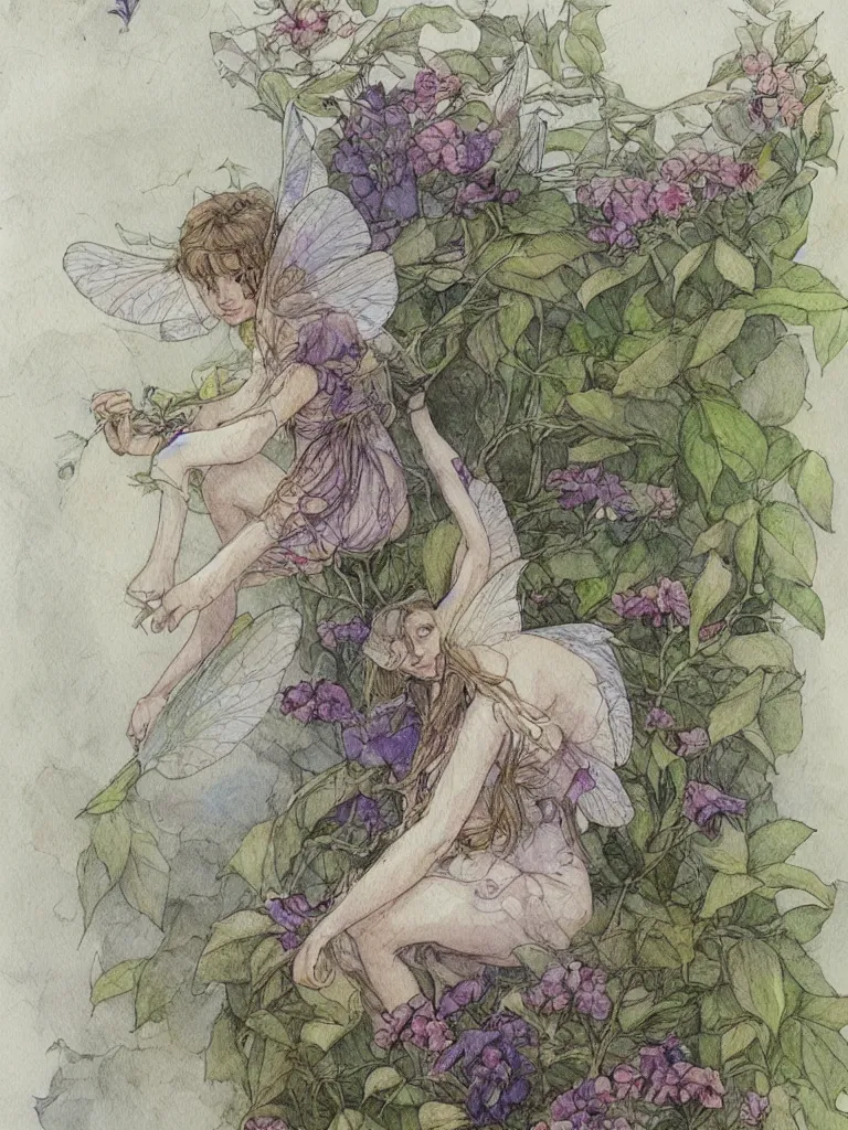 Image similar to annotated study of a flower fairy, illustration, watercolor, alan lee, detailed, pretty, ethereal,