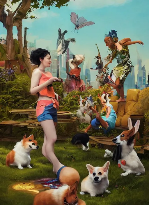 Prompt: beautiful fantasy painting scene of a hiphop summer corgi party, by Kenne Gregoire, James Jean, Tran Nguyen, WLOP, Jakub Rebelka. trending on Artstation, 8k, masterpiece, summer, graffiti paint, fine detail, full of color, intricate detail, golden ratio illustration