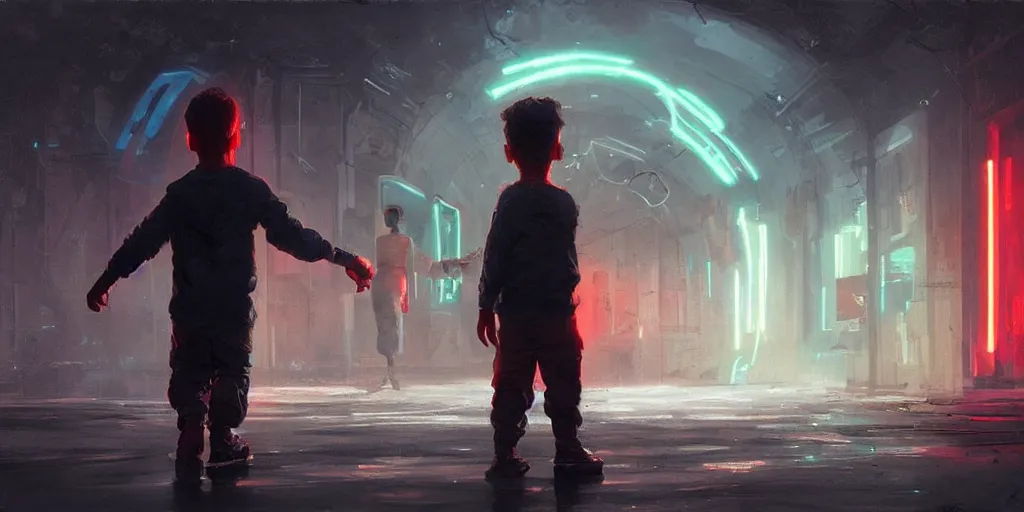 Image similar to A boy holding hands with a cyborg, neon lights, raytracing digital art trending on art station, realistic science fiction by Greg Rutkowski