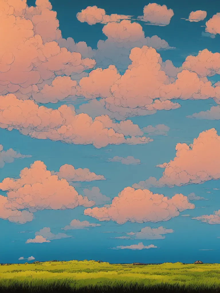 Prompt: a digital art of a landscape of a field and the sea at noon, beautiful sky and clouds, colorful, by laurie greasley, artstation, studio ghibli color scheme