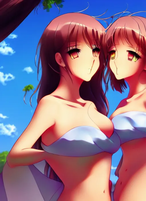 Prompt: two beautiful mothers out on a hot summer day, by the river, gorgeous faces, thick lines, cinematic lighting, detailed anime art