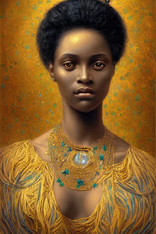 Image similar to Portrait of a Beautiful African female, sad green eyes, beautiful skin, elegant, jewellery, digital painting, Pre-Raphaelites, highly detailed, concept art, smooth, sharp focus, gold and indigo, illustration, art by Klimt .