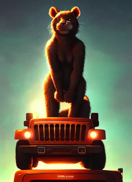 Image similar to furry rembo standing on top of the jeep, photorealistic, glowing lighting, intricate, elegant, glowing lights, highly detailed, digital painting, artstation, concept art, smooth, sharp focus, illustration, art by wlop, mars ravelo and greg rutkowski