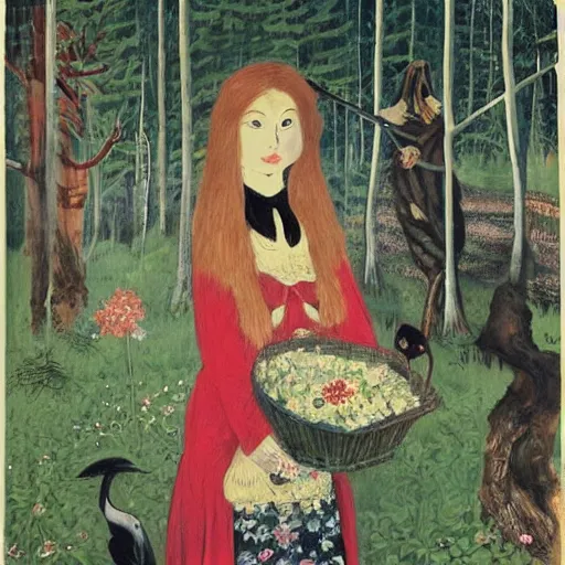 Image similar to In the painting Vasilisa can be seen standing in the forest, surrounded by animals. She is holding a basket of flowers in one hand and a spindle in the other. Her face is turned towards the viewer, with a gentle expression. In the background, the forest is depicted as a dark and mysterious place. by Go Nagai, by Michael Cheval realist, imposing