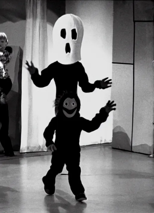 Image similar to creepy realistic scary gangly ghost monster invades the crowded set of a 9 0's childrens tv gameshow, everyone runs in horror, grainy black and white surveillance