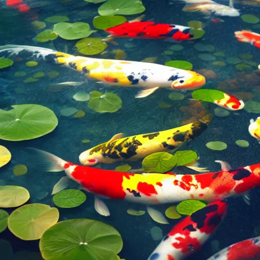 Image similar to view of a koi pond from underwater, sharp focus, sunlight, natural lighting, hd, 8k, enhanced