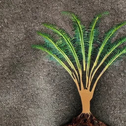 Image similar to A handpalm with a tree growing on top of it