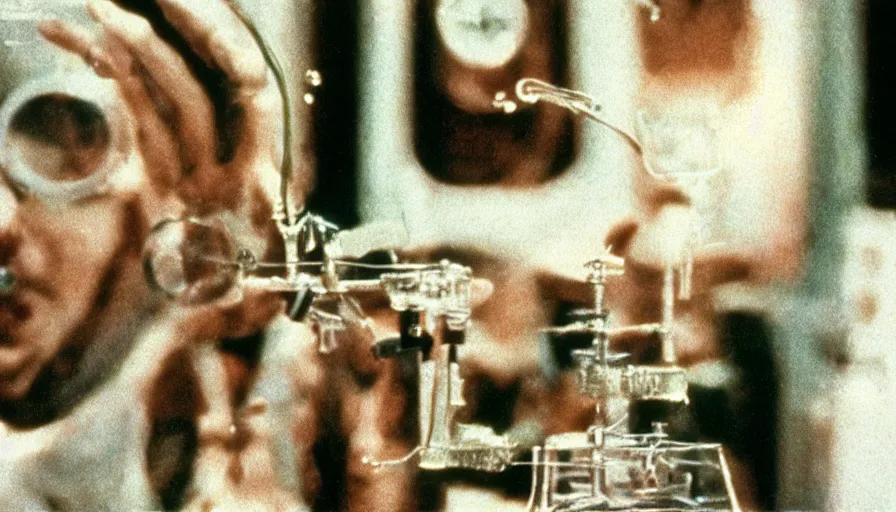 Prompt: 7 0 s film still from a horror movie of a mad scientist conducting horrific experiments, kodachrome, cinecolor, cinestill, photorealism, cinematic, film grain, film texture, vhs recording