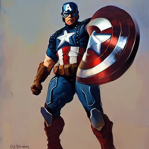 Image similar to greg manchess portrait painting of heavily armored captain america as overwatch character, totally whack, medium shot, asymmetrical, profile picture, organic painting, sunny day, matte painting, bold shapes, hard edges, street art, trending on artstation, by huang guangjian and gil elvgren and sachin teng