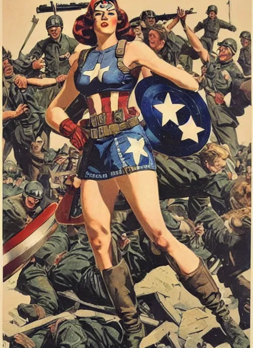 Image similar to beautiful female captain america standing on a pile of defeated german soldiers. feminist captain america wins wwii. american wwii propaganda poster by james gurney