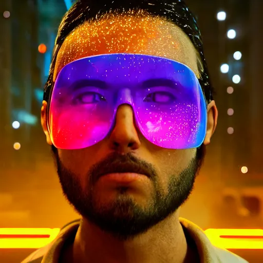 Prompt: human portrait formed out of rain, beautiful, neon, epic detail, galactic background, rendered in octane, unreal engine, realistic