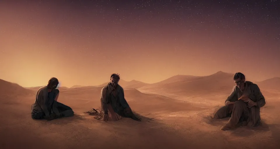 Image similar to a man resting in the desert at night, artstation