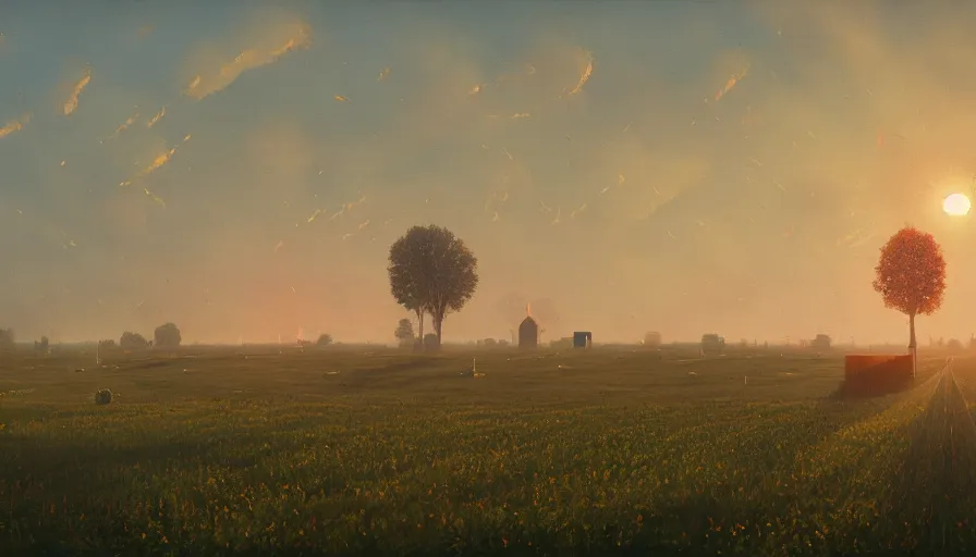 Image similar to field full of solar panels, sun in the sky, early morning, single tree, farmhouse, simon stalenhag