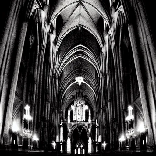 Image similar to a beautiful gothic girl inside a dark gothic cathedral illuminated by candles, impressive scene. grainy and rough. black and white colour scheme. beautiful artistic detailed digital art