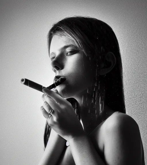 Prompt: portrait photo of a girl smoking cigarette in dark raining room