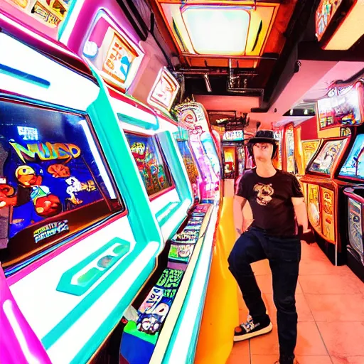 Image similar to A busy arcade in the 80's, power glove, nintendo, 80s pop culture,, perfect face, intricate, Sony a7R IV, symmetric balance, polarizing filter, Photolab, Lightroom, 4K, Dolby Vision, Photography Award