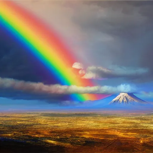 Image similar to a detailed matte painting of noah's ark, double rainbow in a clear blue sky, mount ararat far away in the background, art by artgerm and greg rutkowski and alphonse muchan, cosmic, heavenly, god rays, intricate detail, cinematic, 8 k, cel shaded, unreal engine, featured on artstation, pixiv