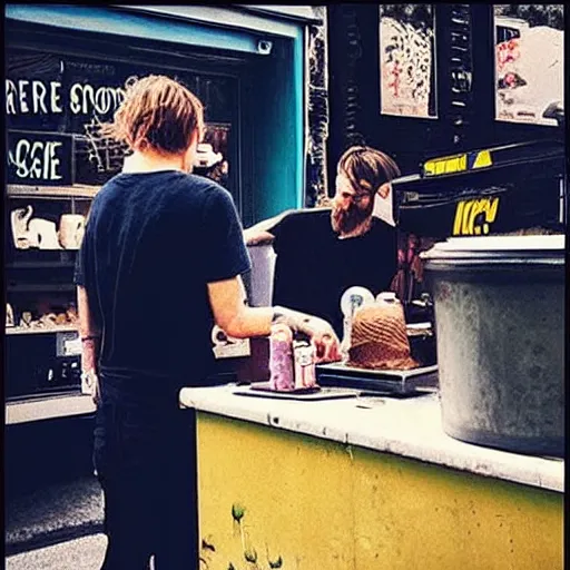 Image similar to “ thom yorke is buying ice - cream at the dirty ice - cream booth in the street, movie screenshot, cinematic, epic, dramatic ”