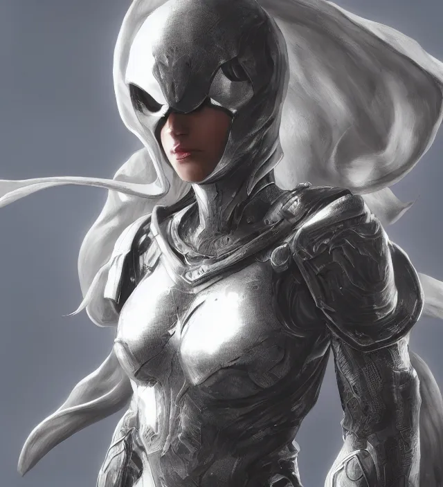 Image similar to female moon knight, hyper detailed, digital art, trending in artstation, cinematic lighting, studio quality, smooth render, unreal engine 5 rendered, octane rendered, art style by klimt and nixeu and ian sprigger and wlop and krenz cushart