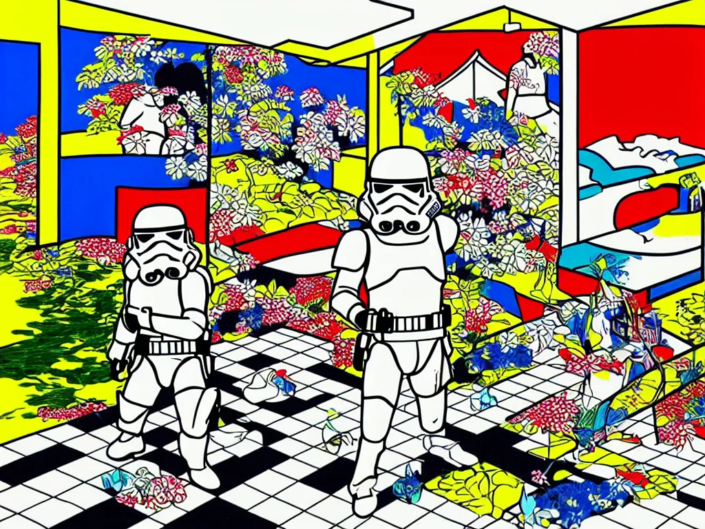 Image similar to hyperrealistic composition of the japanese home with a garden, stormtrooper in hot springs, pop - art style, jacky tsai style, andy warhol style, roy lichtenstein style, rich palette, acrylic on canvas