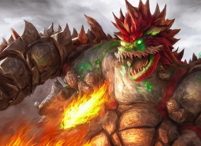 Image similar to detailed concept art of a huge giant bowser by cheng yi and luolin, aartstation, artstationhd, detailed scales, spiky and red hair tuft green scales. bowser, bowser nintendo, koopa, ~ bowser # bowser ( ( mario ) ) bcy. net, realistic. cheng yi, fire breathing. bowser