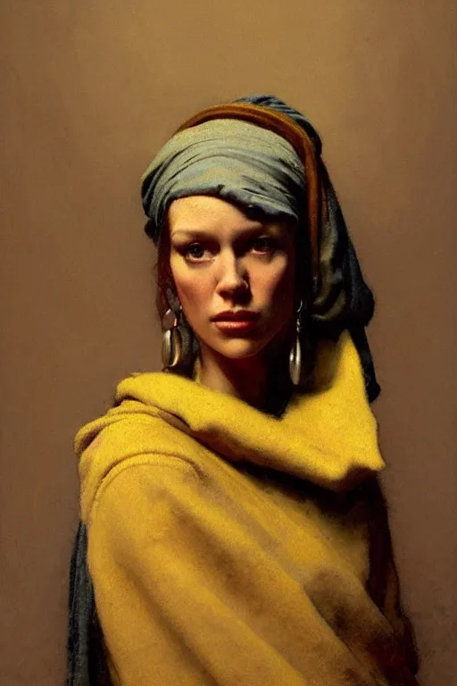 Image similar to full character portrait fallout character not the girl with the pearl earring character design, painting by gaston bussiere, katsuya terada, nc wyeth, greg rutkowski, craig mullins, vermeer, frank frazetta, mucha, tom of finland, trending on artstation, jeffery catherine jones