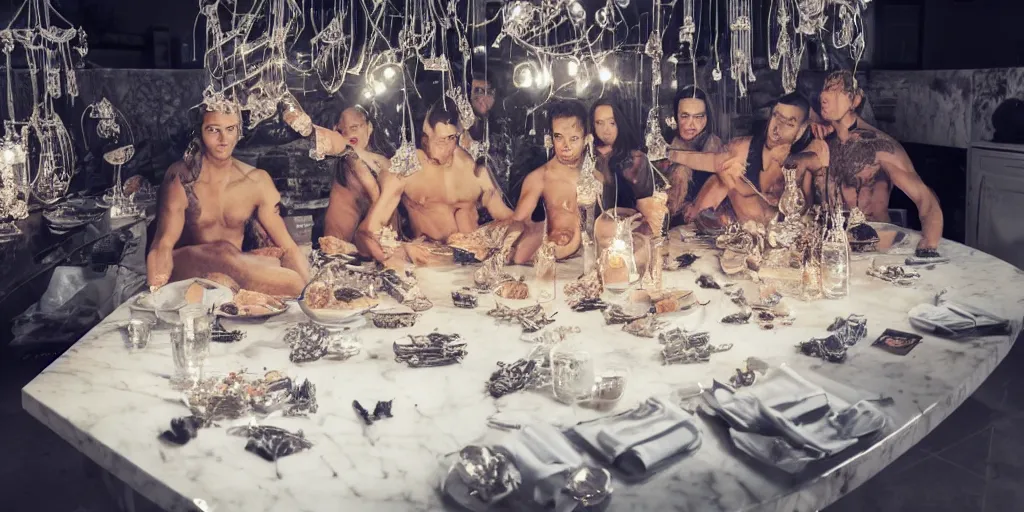 Image similar to !13 diverse bro, why?! what's wrong with people, !one_side of a !marble table, eating luxurios food !!posing cinematic lighting, intricate cables adorne their bodies and heads, neon, detailed implants, satin, crystal, liquid, surreal, floating, !!highly detalied,