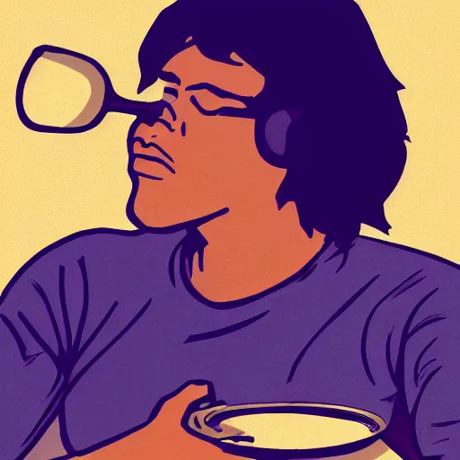 Image similar to a portait of young man holding a spoon while listening to music, logo, high detail, in a style of anime