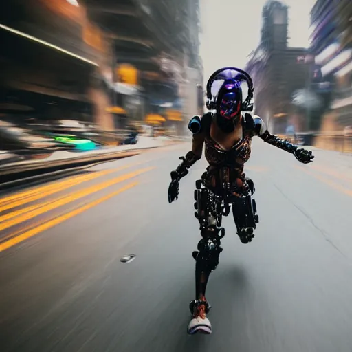 Image similar to gopro pov of a woman warrior wearing intricate biomechanical scifi cyberpunk helmet running motion blur