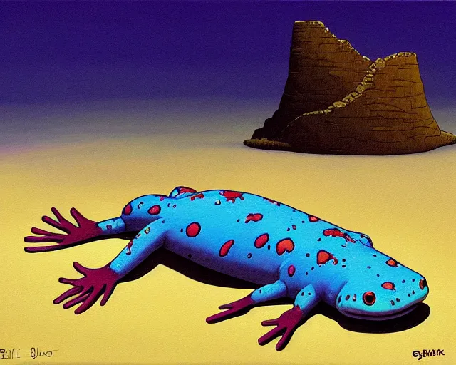 Image similar to a painting of an axolotl by guy billout