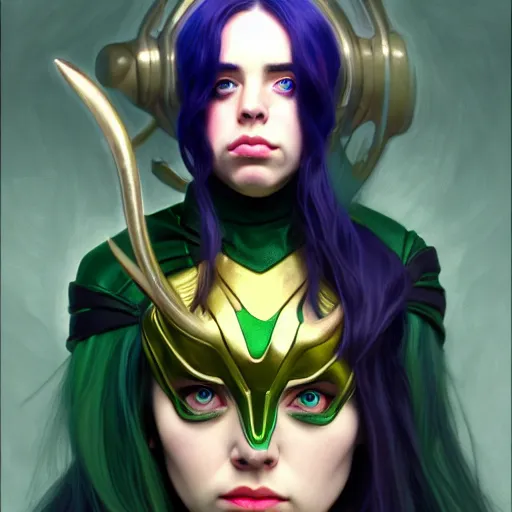 Image similar to Billie Eilish as Female Loki, very detailed, digital art, trending on artstation, concept art, smooth, illustration, art by artgerm and greg rutkowski and alphonse mucha and J. C. Leyendecker and Edmund Blair Leighton and Katsuhiro Otomo and Geof Darrow and Phil hale and Ashley wood