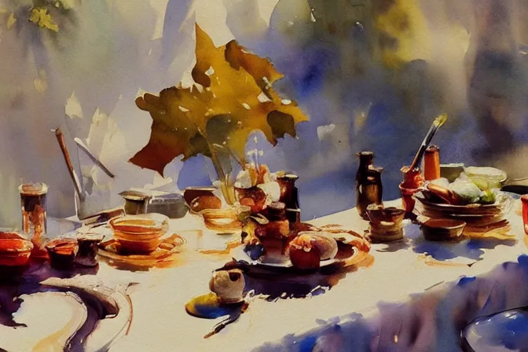 Prompt: paint brush strokes, abstract watercolor painting of deliciousness on table cloth, leaves, art by hans dahl, by jesper ejsing, art by anders zorn, wonderful masterpiece by greg rutkowski, cinematic light, american romanticism by greg manchess, creation by tyler edlin