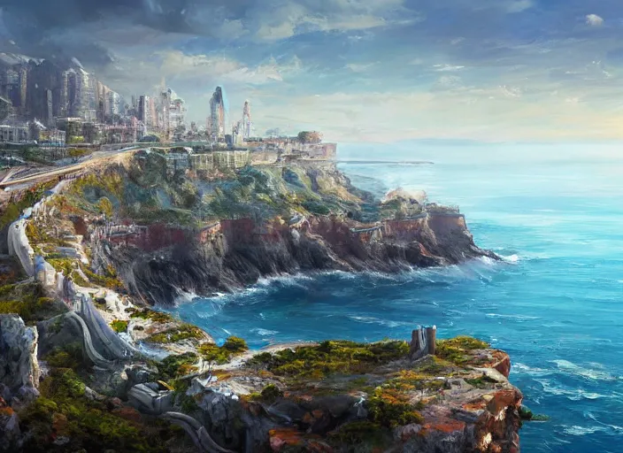 Prompt: coastal city perched on a cliff overlooking a magnificient bayconcept art oil painting by Jama Jurabaev, extremely detailed, brush hard, artstation