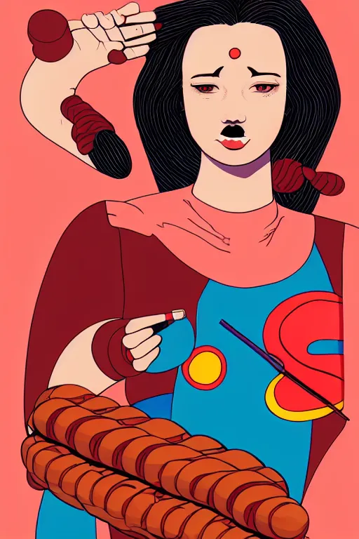 Image similar to abstract portrait of female superhero with sausage!!!! fingers miyazaki, colorful palette illustration, kenneth blom, mental alchemy, james jean, pablo amaringo, naudline pierre, contemporary art, hyper detailed