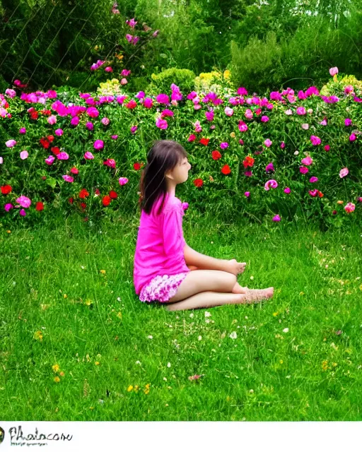 Prompt: flowers, garden at home, small fence, girl sitting on the grass, woman, clear weather, green grass, white clouds, clouds, trees around, flowers around, saturated colors
