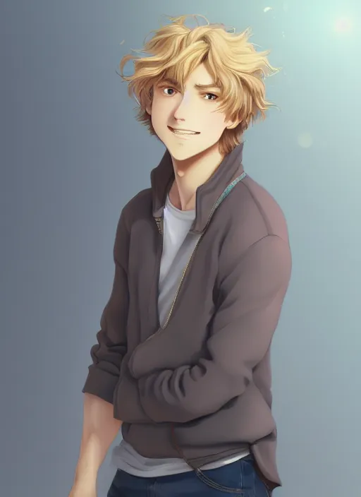 Image similar to young man with medium - length, curly, golden hair, perfectly proportioned face, aquamarine eyes, sweet smile, natural lighting, path traced, highly detailed, high quality, cartoon, digital painting, by new haicheng and studio ghibli