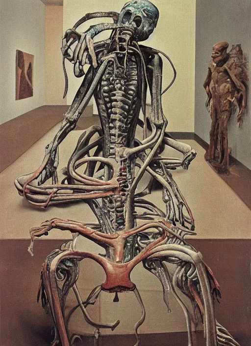 Image similar to a teratoma in the middle of a museum room realizing that he has consciousness painted by hockney and giger