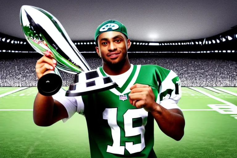 Prompt: a photograph of a football player wearing a new york jets jersey holding the lombardi trophy, stock footage