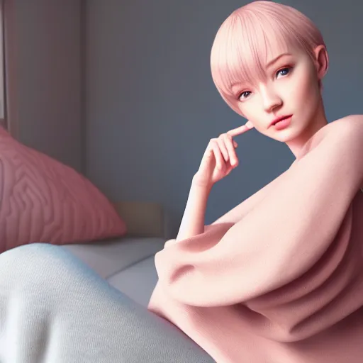 Prompt: 3 d render of a cute thin young woman, red blush, wearing casual clothes, small smile, relaxing on a couch, cuddling up under a blanket, cozy living room, medium shot, 8 k, octane render, trending on artstation, art by artgerm, unreal engine 5, hyperrealism, hyperdetailed, ultra realistic