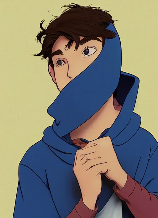 Prompt: teen boy with brown hair and big blue eyes, wearing a hoodie, sad, hiding under hood of hoodie, natural lighting, path traced, highly detailed, high quality, cartoon, digital painting, by don bluth and ross tran and studio ghibli and alphonse mucha