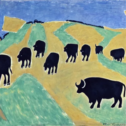 Prompt: a herd of buffalo crosses the road in south dakota, holding up traffic, painted by matisse